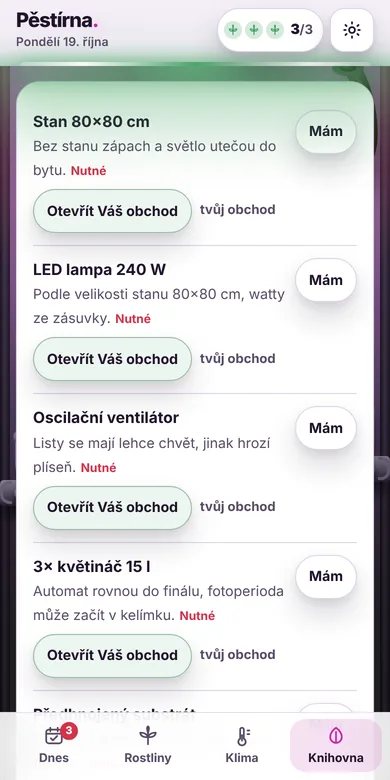 Nákupní seznam v Pěstírně, u každé položky tlačítko do vašeho obchodu